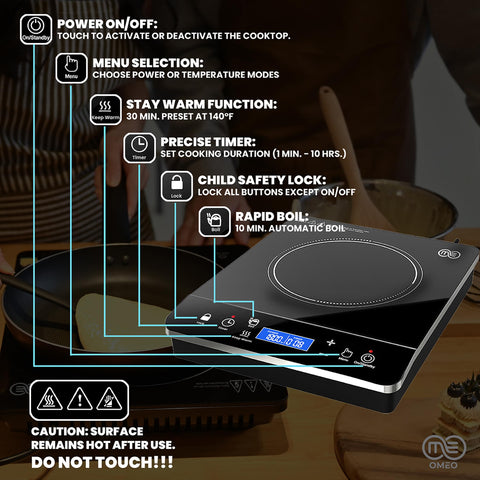 OMEO induction burner auto shutoff provides safety and energy-saving peace of mind.
