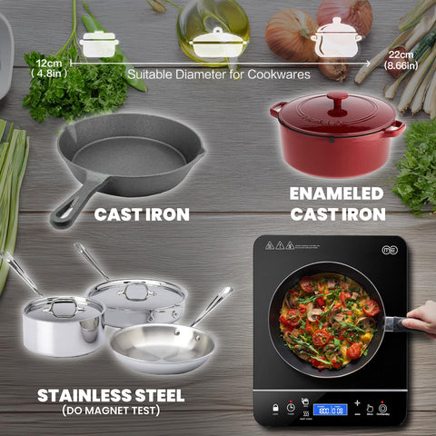 OMEO induction burner with LCD sensor-touch controls for precise temperature and timer adjustments.