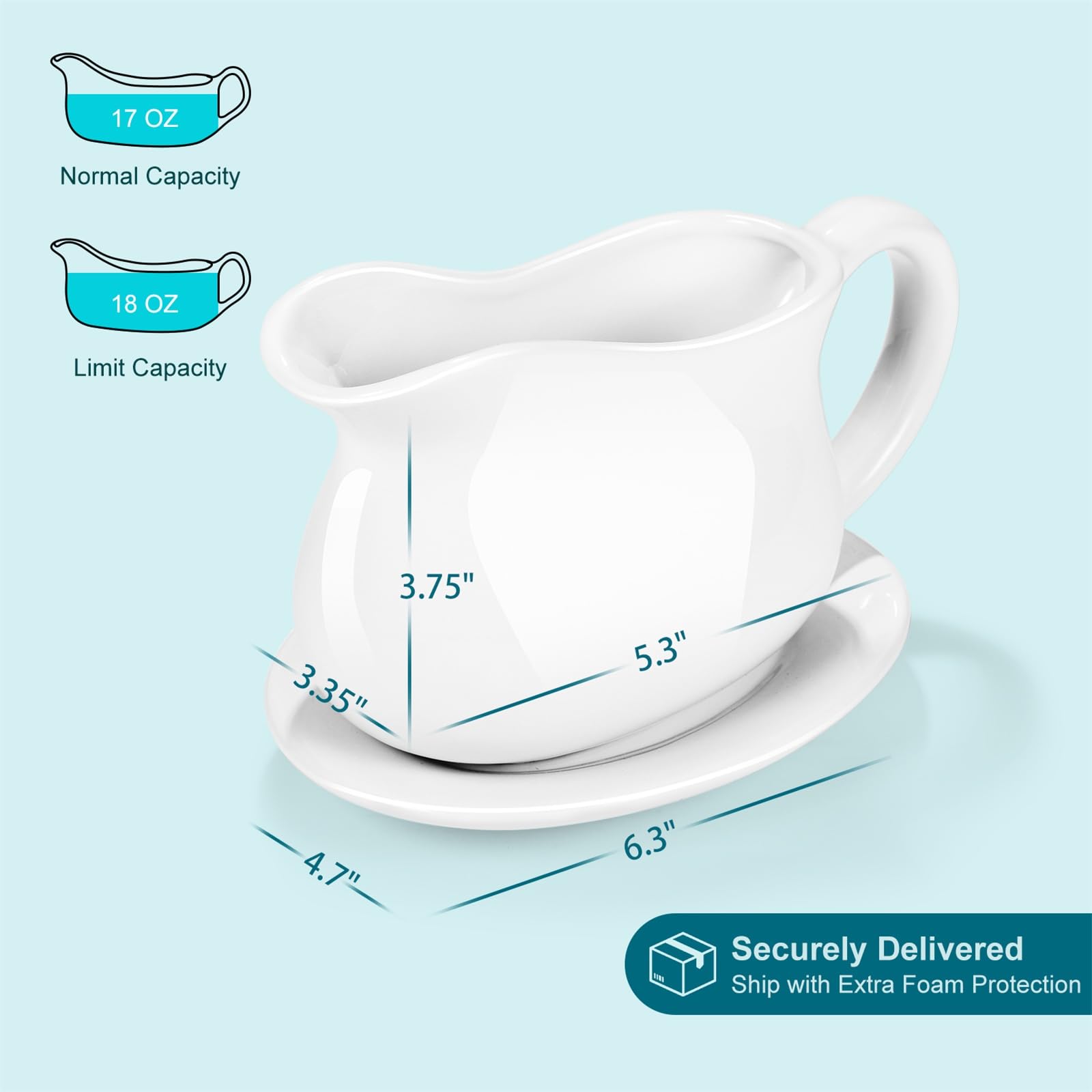 Omesata gravy boat with saucer catches drips for a cleaner tabletop