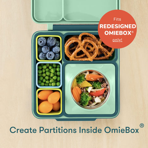 OmieBox dip container blue-lime inside OmieBox partitions for organization.