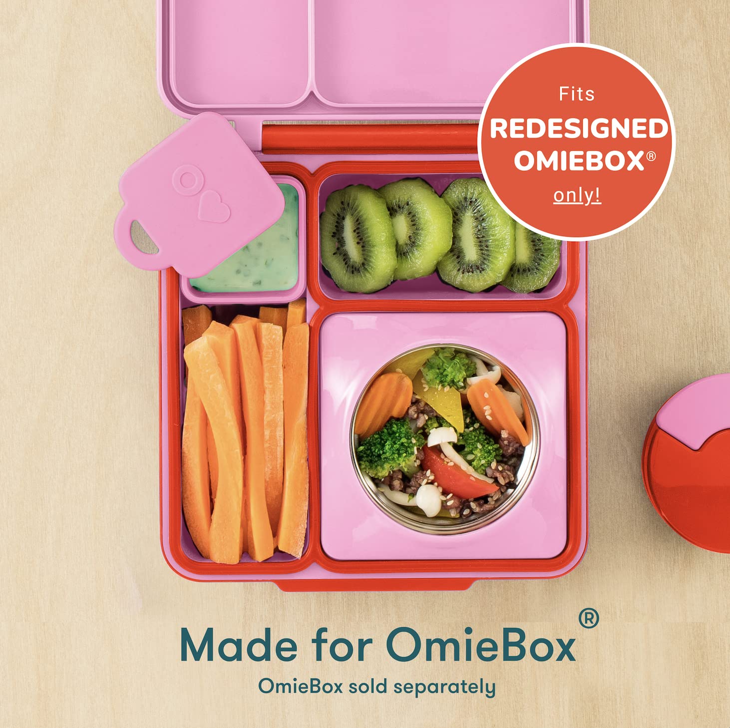 Tall, rigid OmieDip cups create clean partitions inside the redesigned OmieBox.
