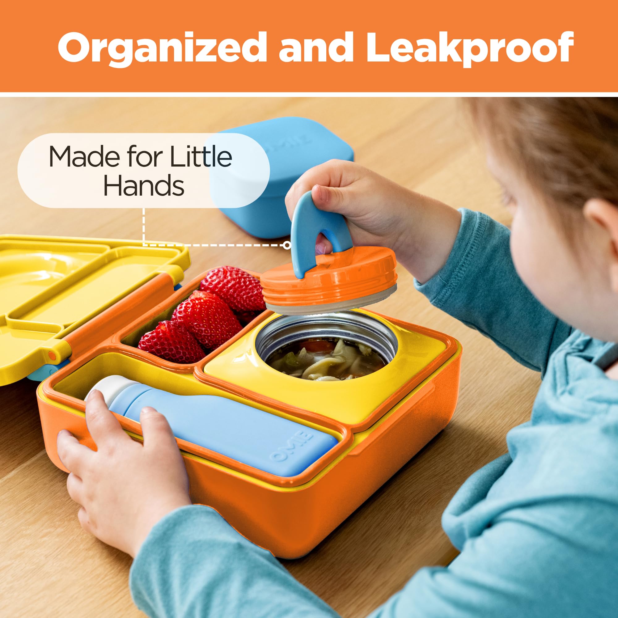 OmieBox leakproof lid sunshine, reduces spills and keeps meals intact.
