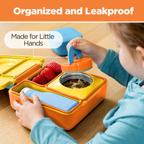 OmieBox leakproof lid sunshine, reduces spills and keeps meals intact.