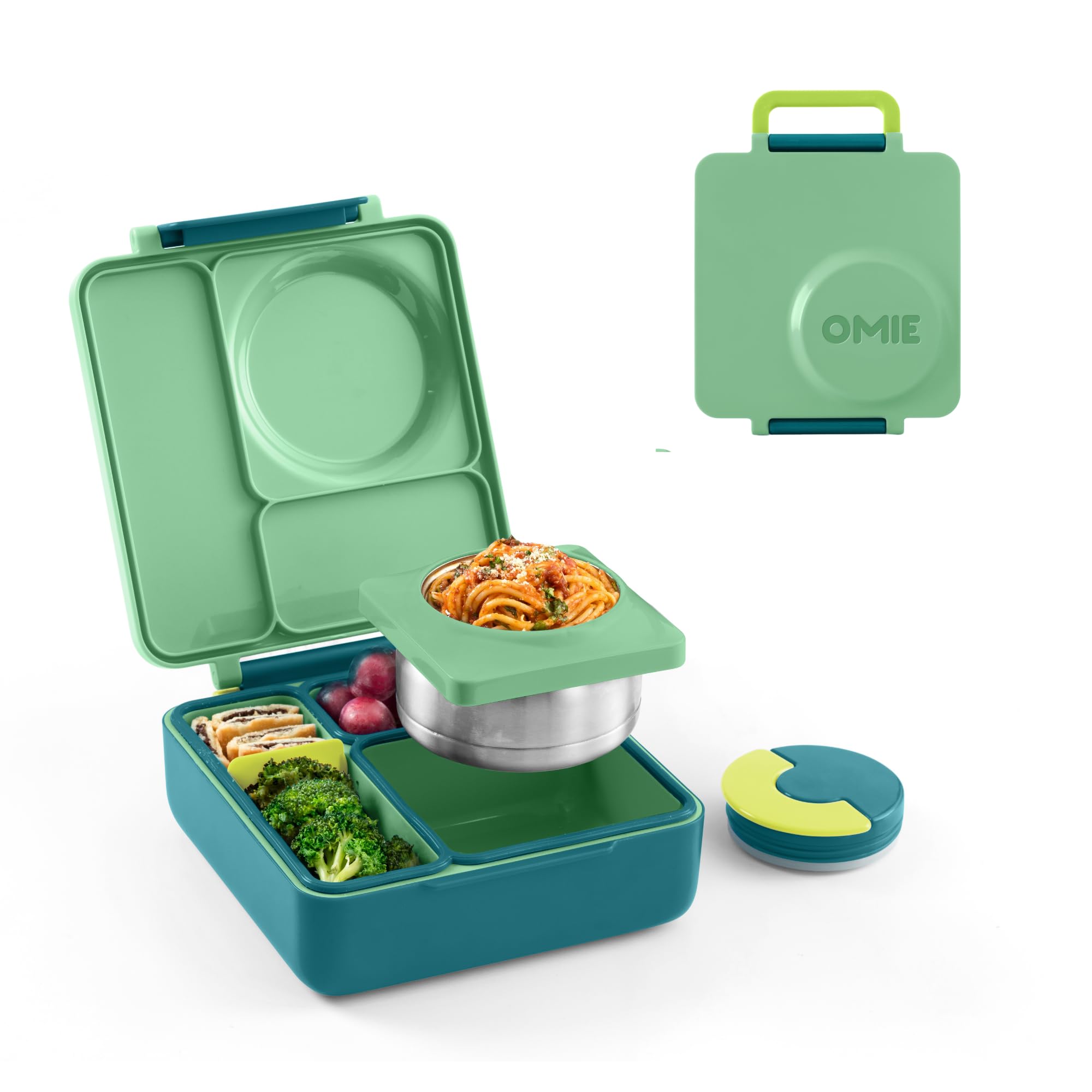 OmieBox Meadow front view shows a kid friendly lunchbox designed for mixed hot and cold meals