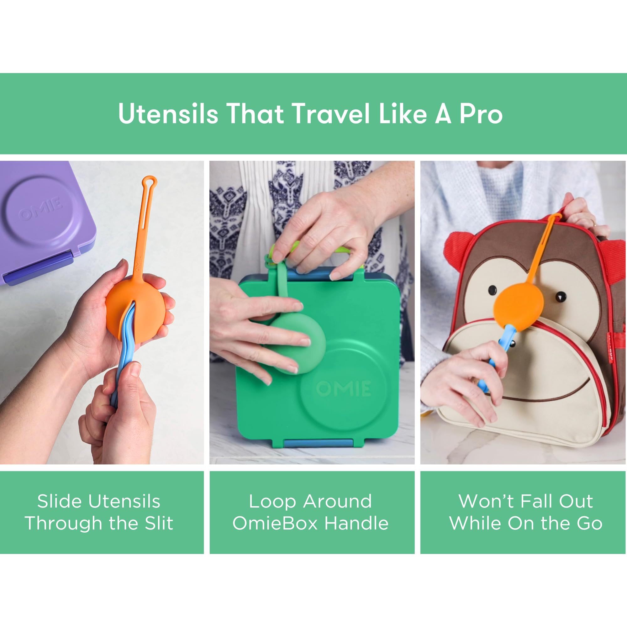 OmieBox silicone pod holds utensils securely during travel.