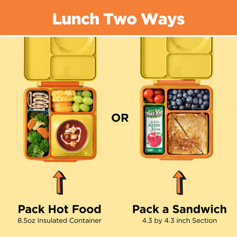 OmieBox three compartments sunshine, versatile layout for hot and cold foods together.