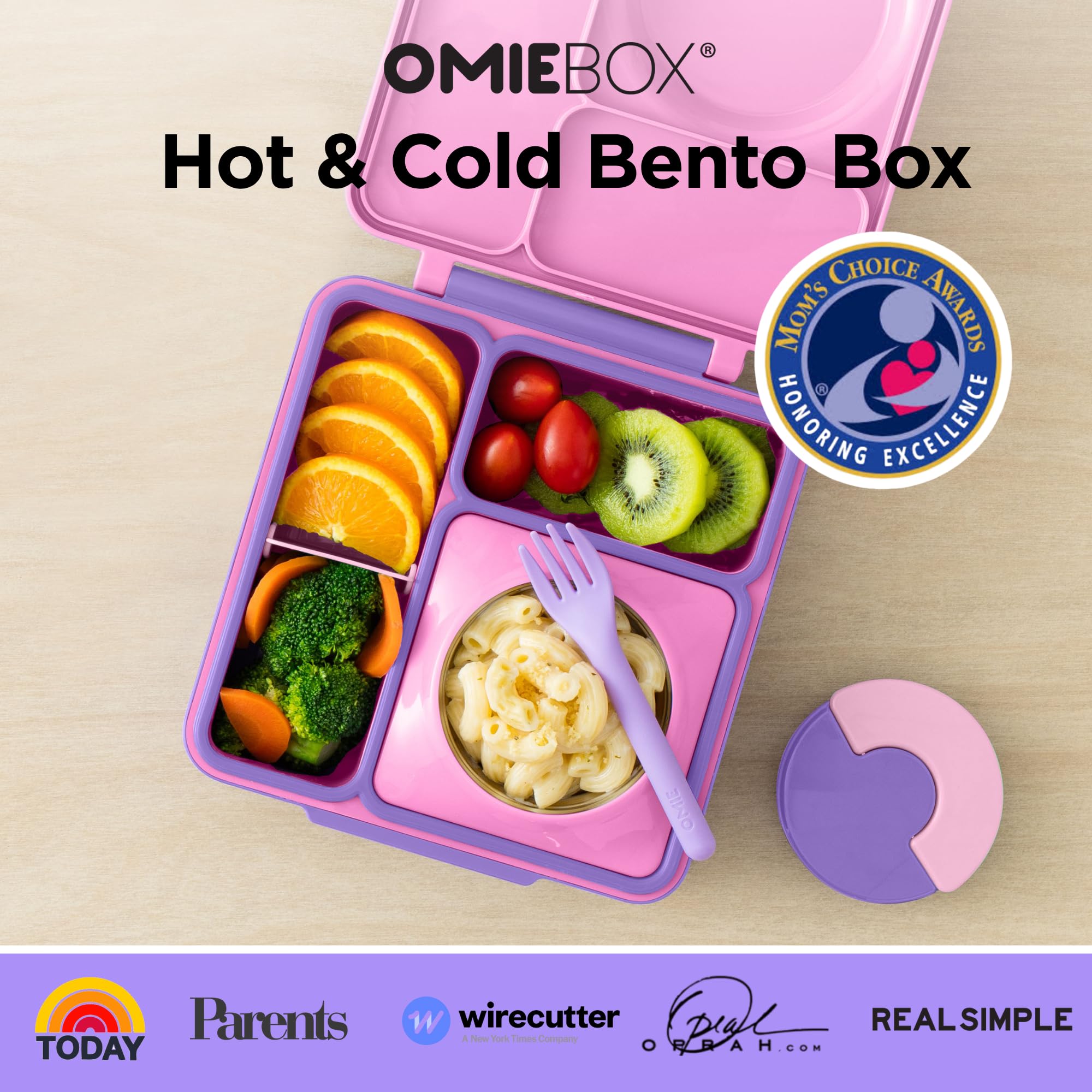 OmieBox Unicorn Pink open lid with multi-compartment layout for varied meals.