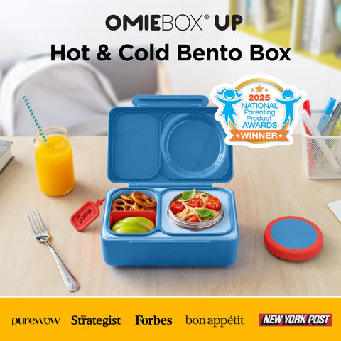 OmieBox UP with lid open shows two compartments for organized hot and cold meals.