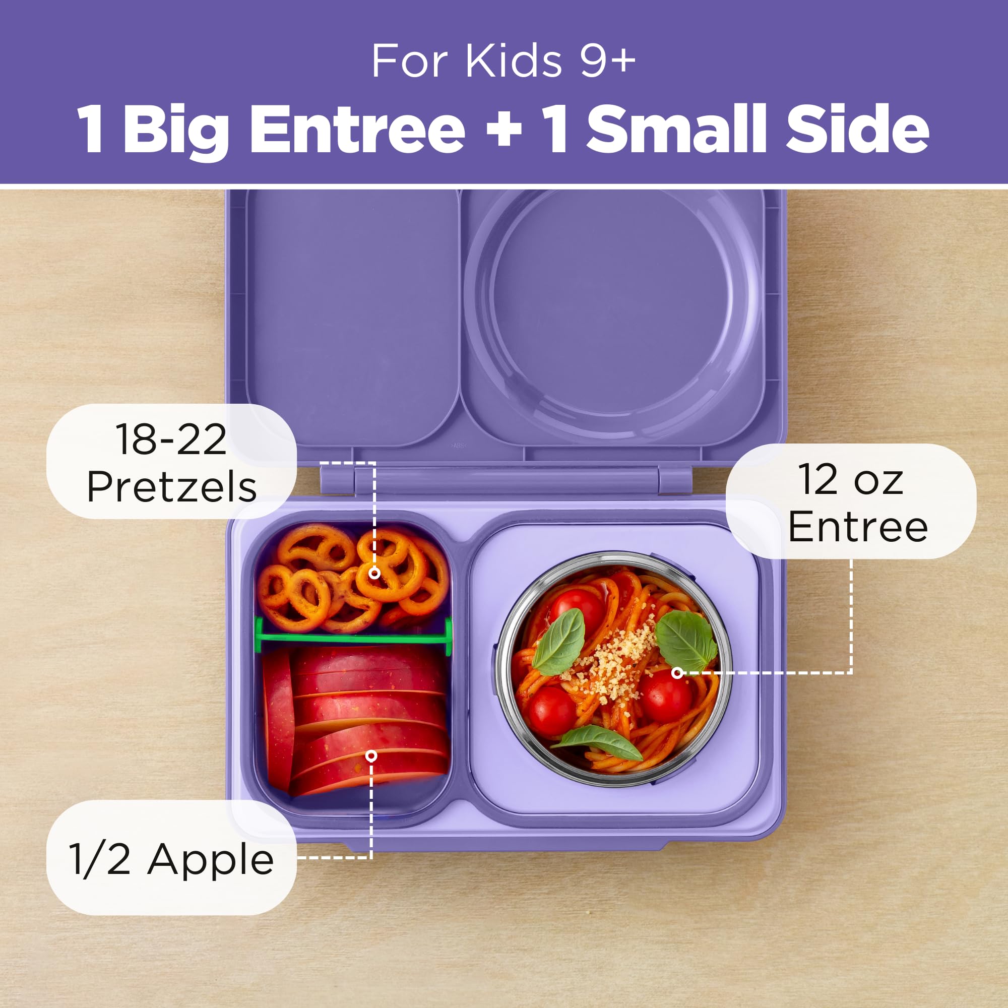 OmieBox UP hot-and-cold-compatibility highlights all-in-one lunch solution for kids.