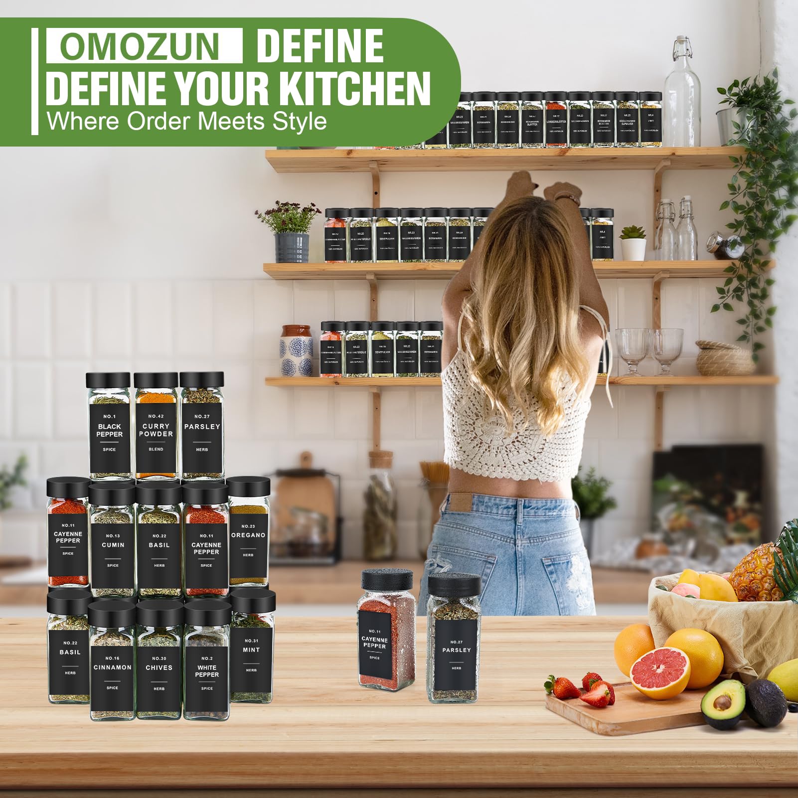 OMOZUN spice jars with square design maximize cabinet space.