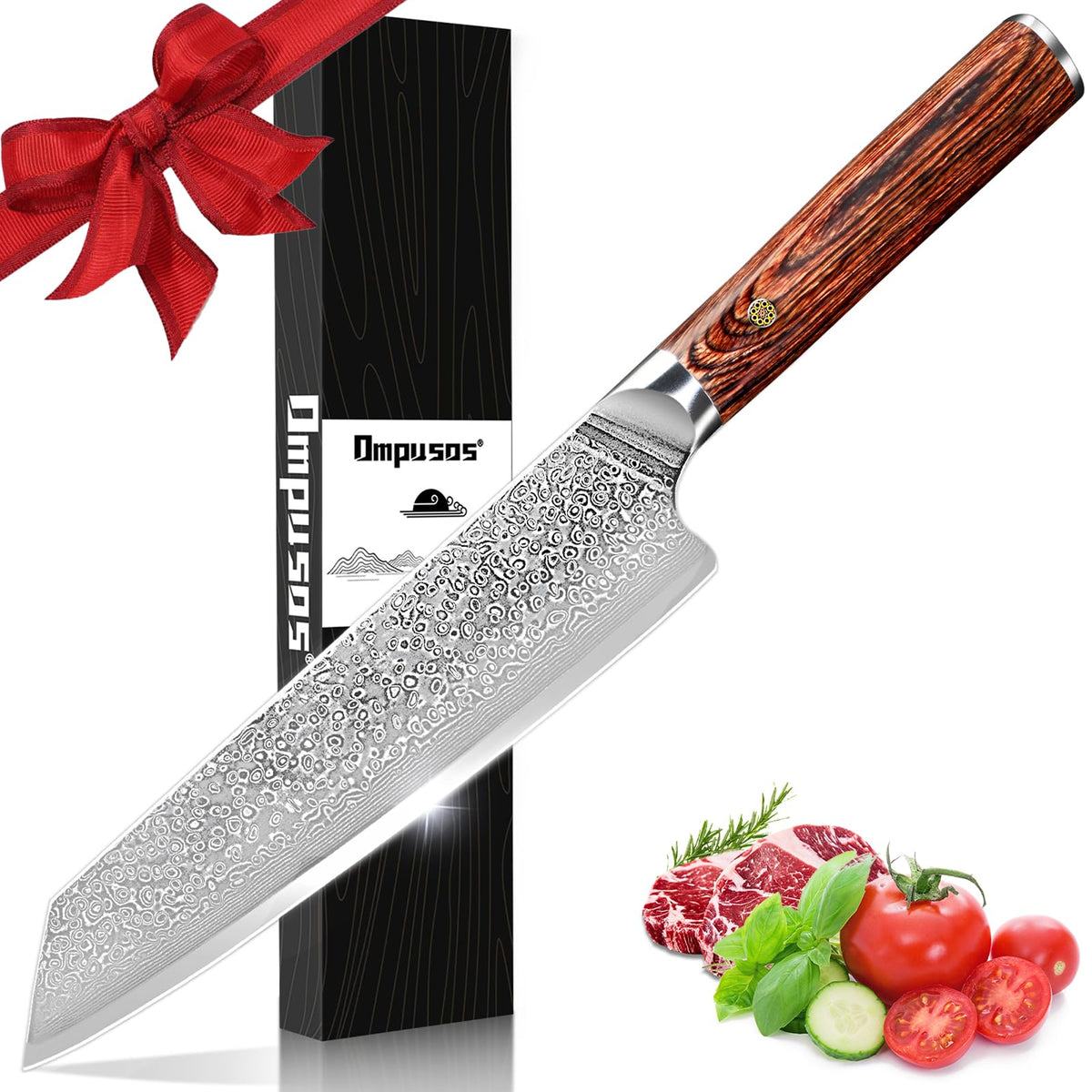 Ompusos Chef Knife 8-Inch blade close-up shows VG-10 edge for precise slicing