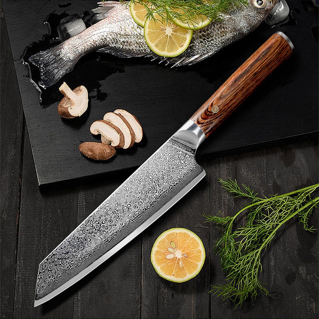 Ompusos Chef Knife 8-Inch handle detail shows ergonomic wooden grip