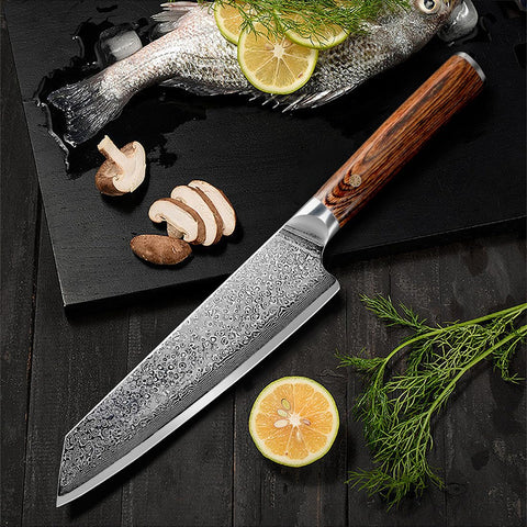 Ompusos Chef Knife 8-Inch handle detail shows ergonomic wooden grip