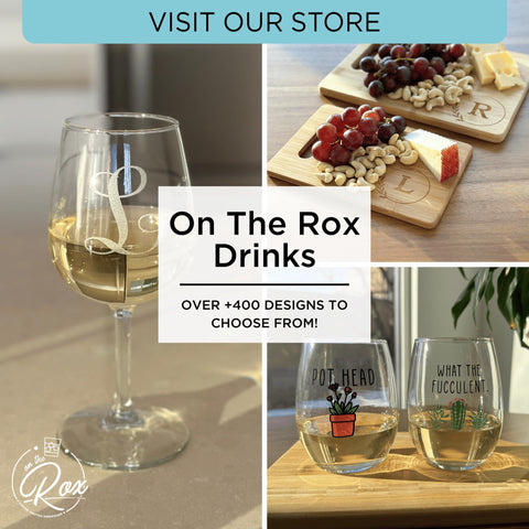 On The Rox Drinks dishwasher-safe monogram wine glass for easy cleanup