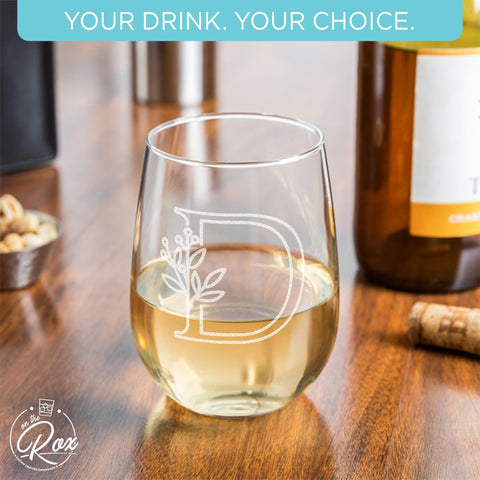 On The Rox Drinks initial wine glass with durable engraving