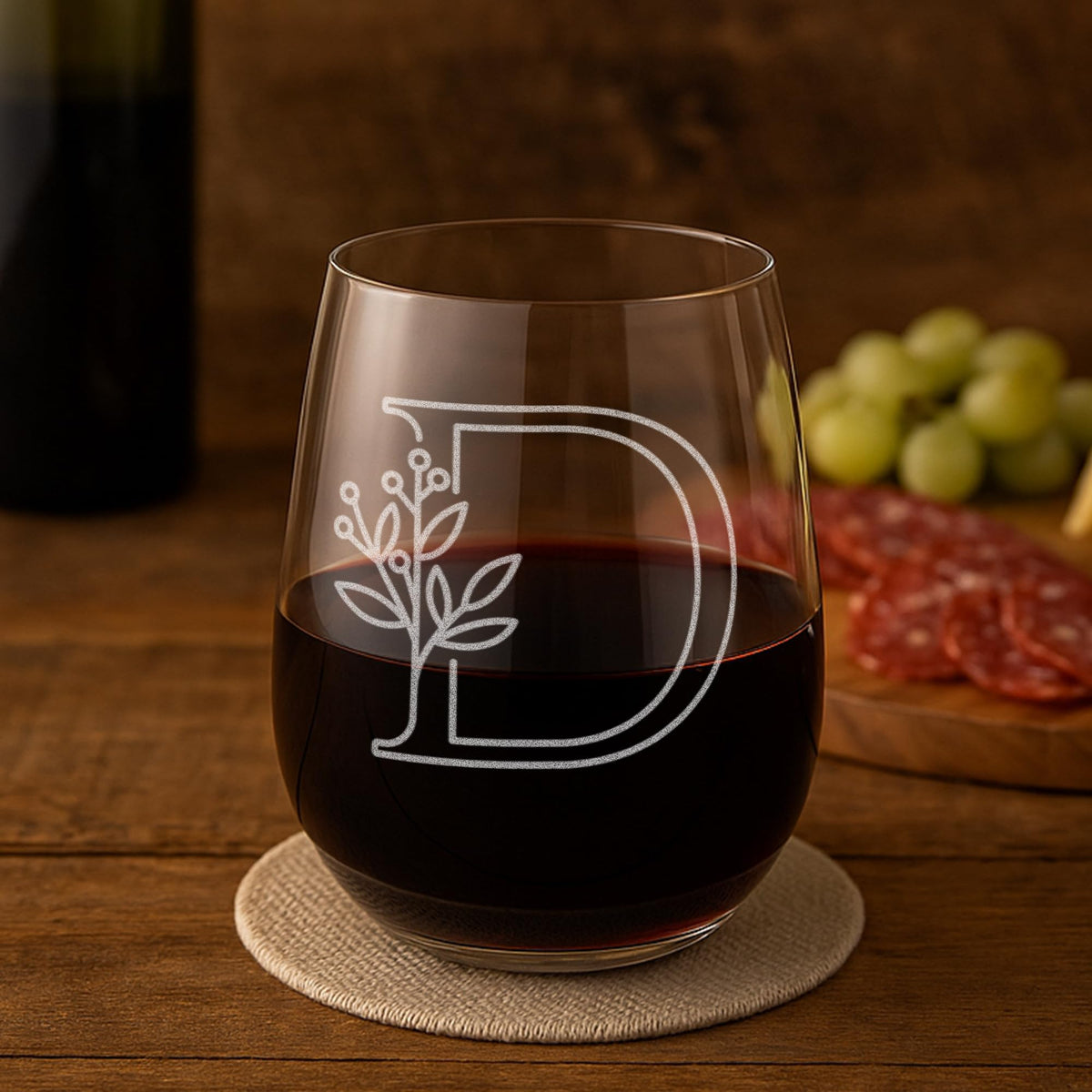 On The Rox Drinks monogram wine glass engraving closeup for a personalized gift
