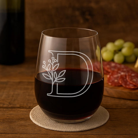 On The Rox Drinks monogram wine glass engraving closeup for a personalized gift