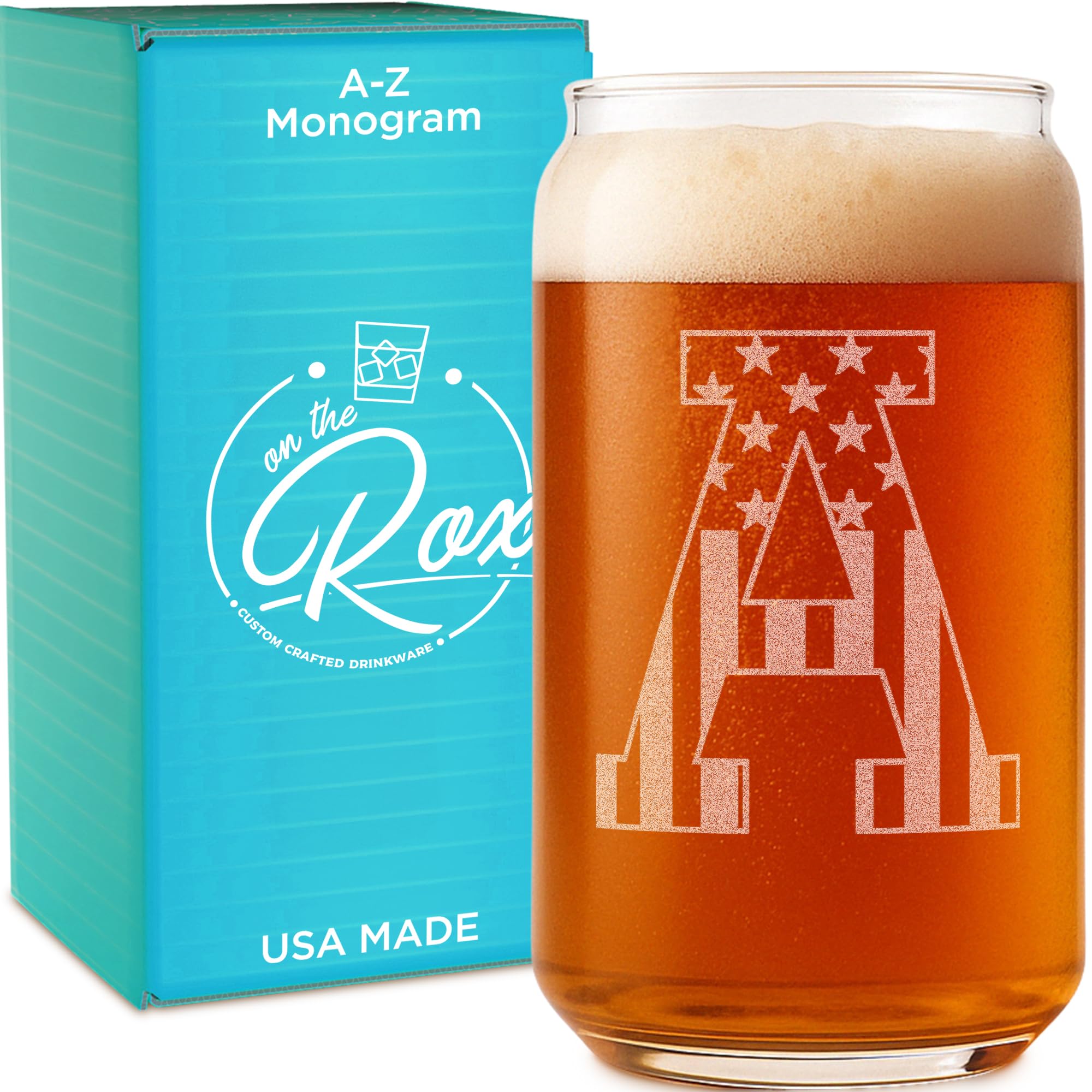 On The Rox monogram beer can glass in a gift-ready box for gifting