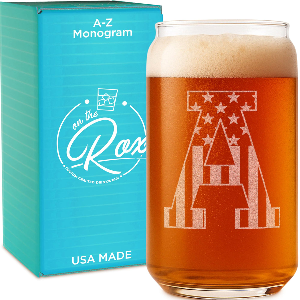 On The Rox monogram beer can glass in a gift-ready box for gifting