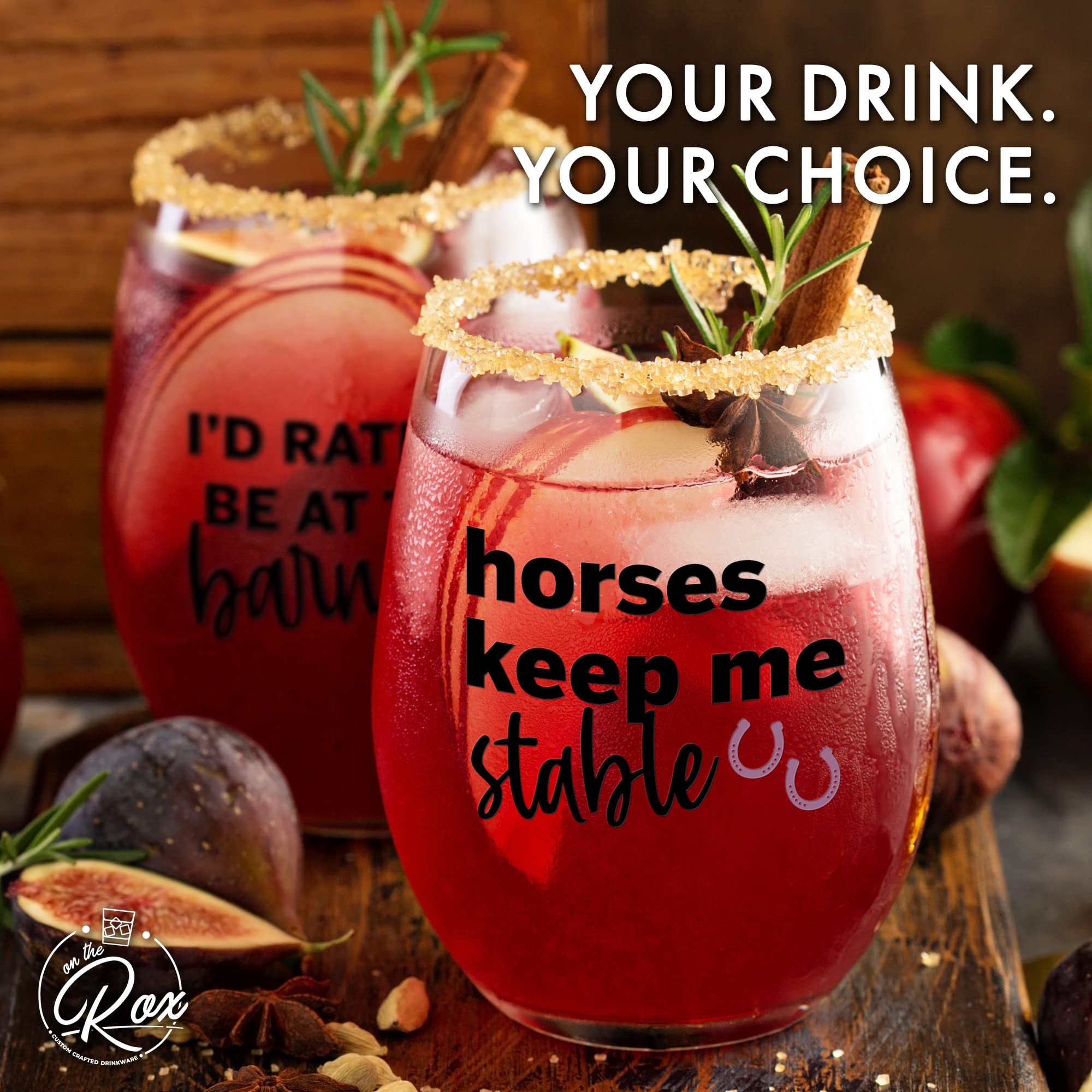 On The Rox two-piece stemless wine glasses, stylish set for horse lovers.