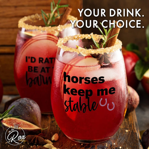 On The Rox two-piece stemless wine glasses, stylish set for horse lovers.