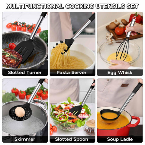 Onader pasta server and skimmer for efficient stirring and draining.