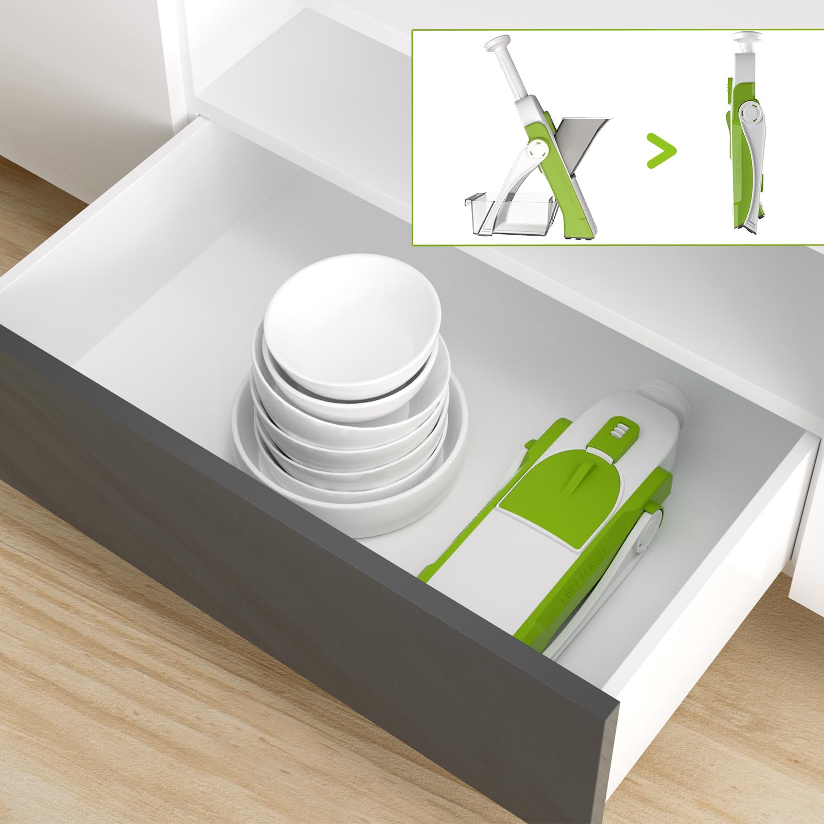 ONCE FOR ALL Collapsible design makes cleaning and storage quick and easy.