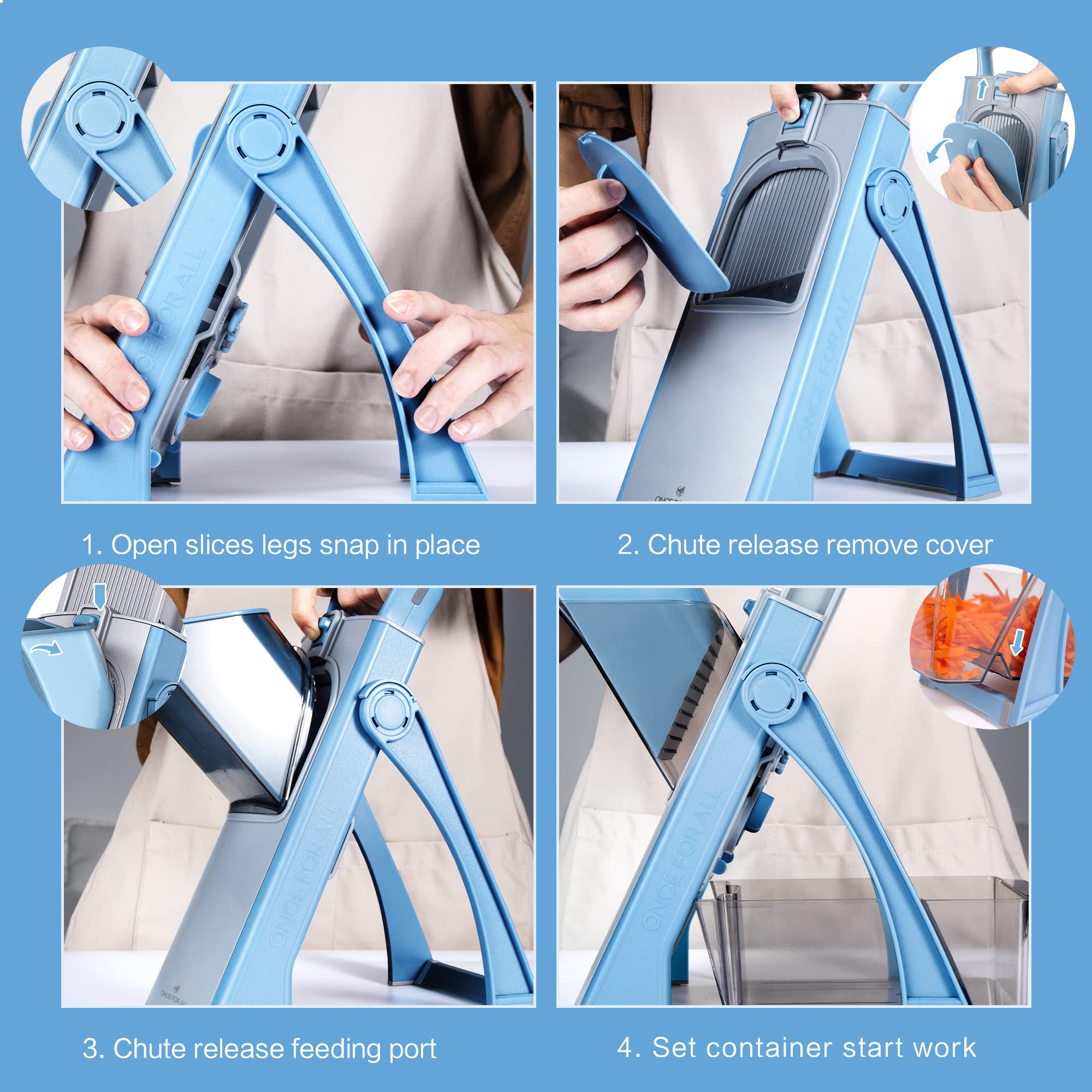 ONCE FOR ALL four-mode slicer offering julienne, matchstick, slice, and dice