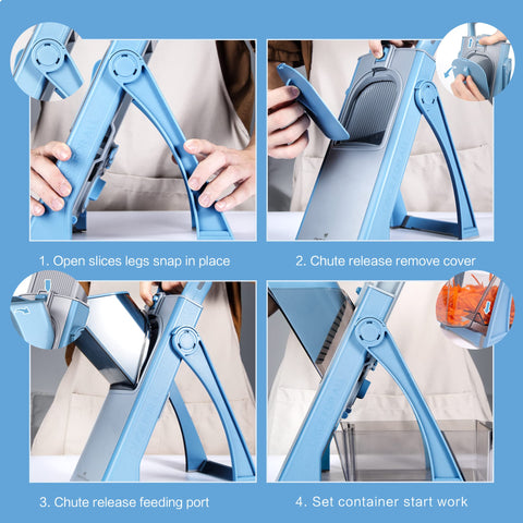 ONCE FOR ALL four-mode slicer offering julienne, matchstick, slice, and dice