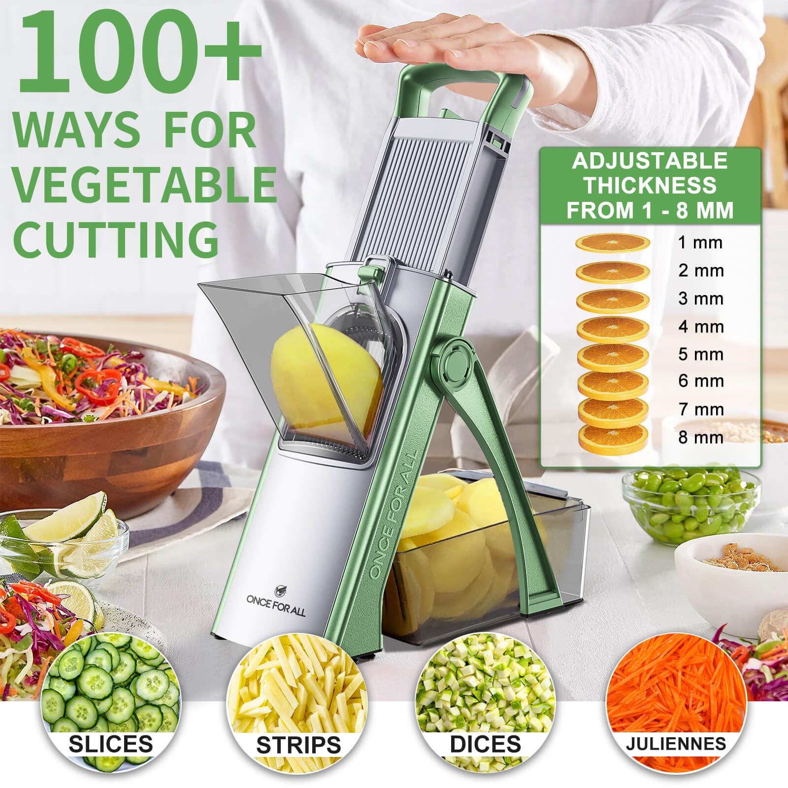 ONCE FOR ALL JS03 green mandoline shows adjustable thickness scale for versatile cuts 0.1–8 mm