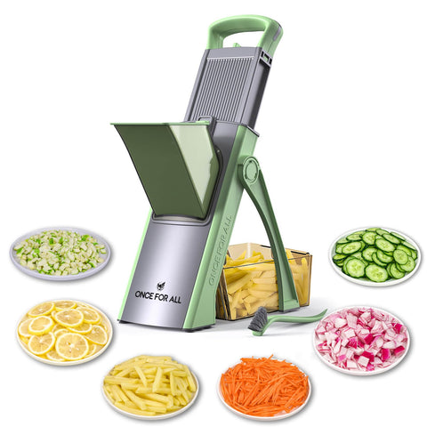 ONCE FOR ALL JS03 green mandoline top view highlights safety design for quick, precise slicing