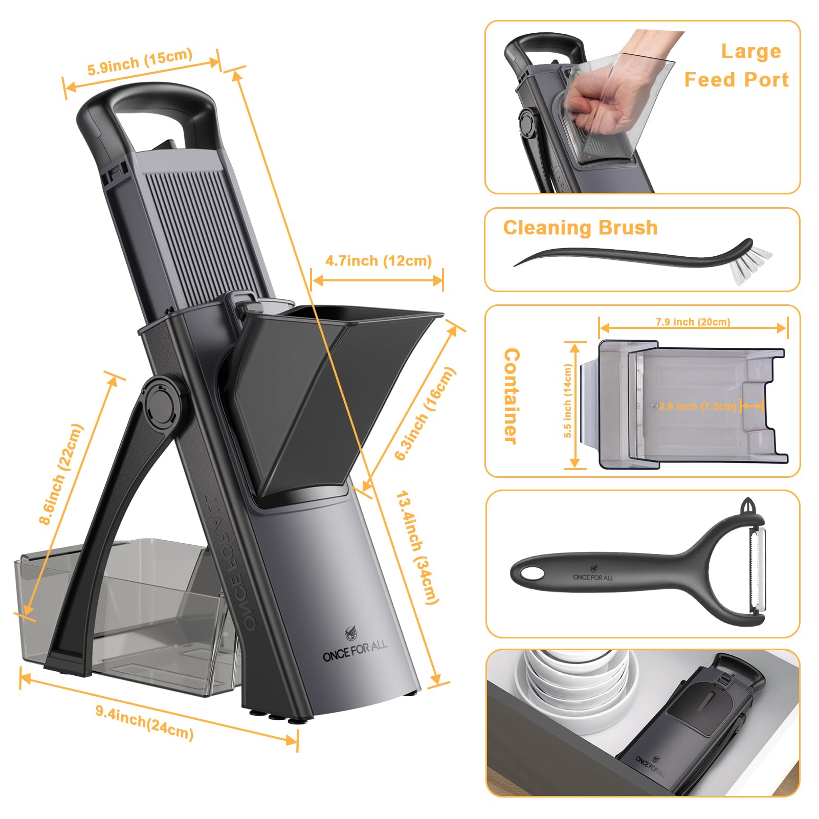 ONCE FOR ALL Mandoline Slicer cleaning with collapsible design and included brush