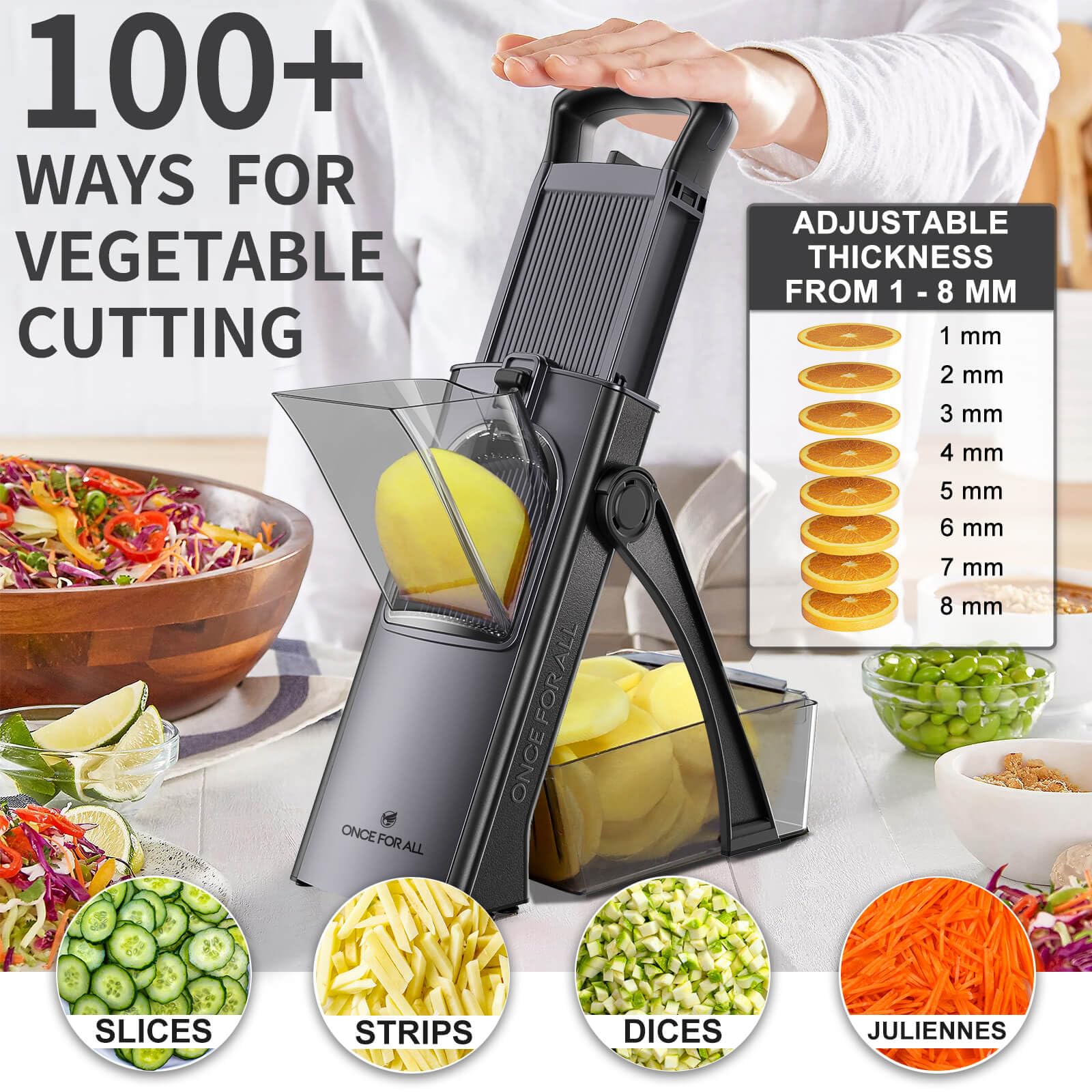 ONCE FOR ALL Safe Mandoline Slicer container bowl keeps sliced ingredients neatly collected