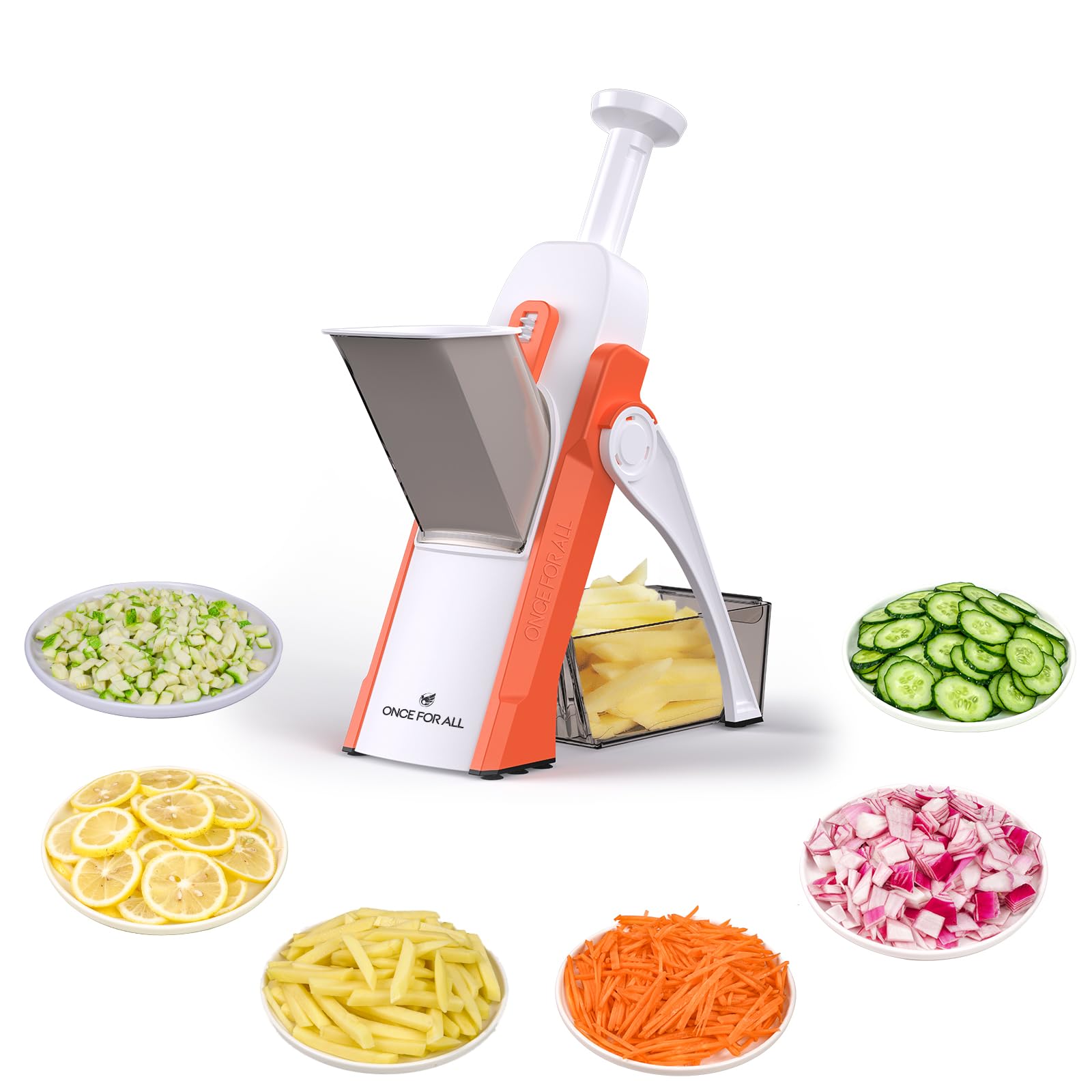 ONCE FOR ALL Safe Mandoline Slicer front view in orange showing quick prep and safety