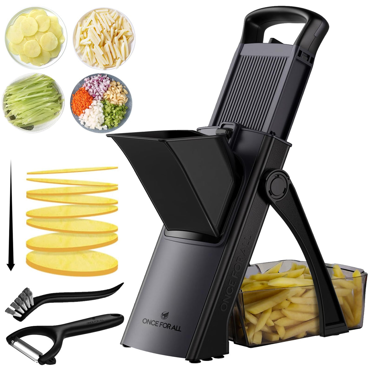 ONCE FOR ALL Safe Mandoline Slicer front view highlighting safety design for easy prep