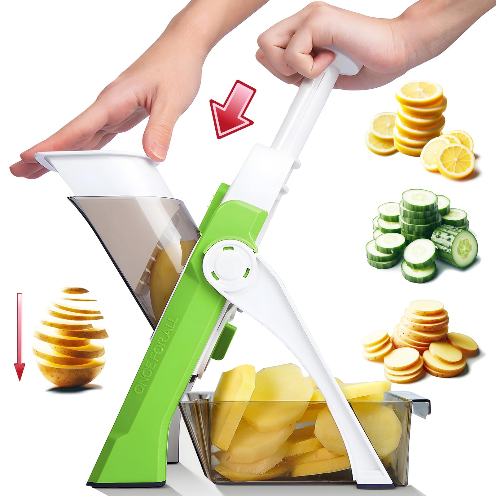 ONCE FOR ALL Safe Mandoline Slicer in green for precise, safe vegetable prep.