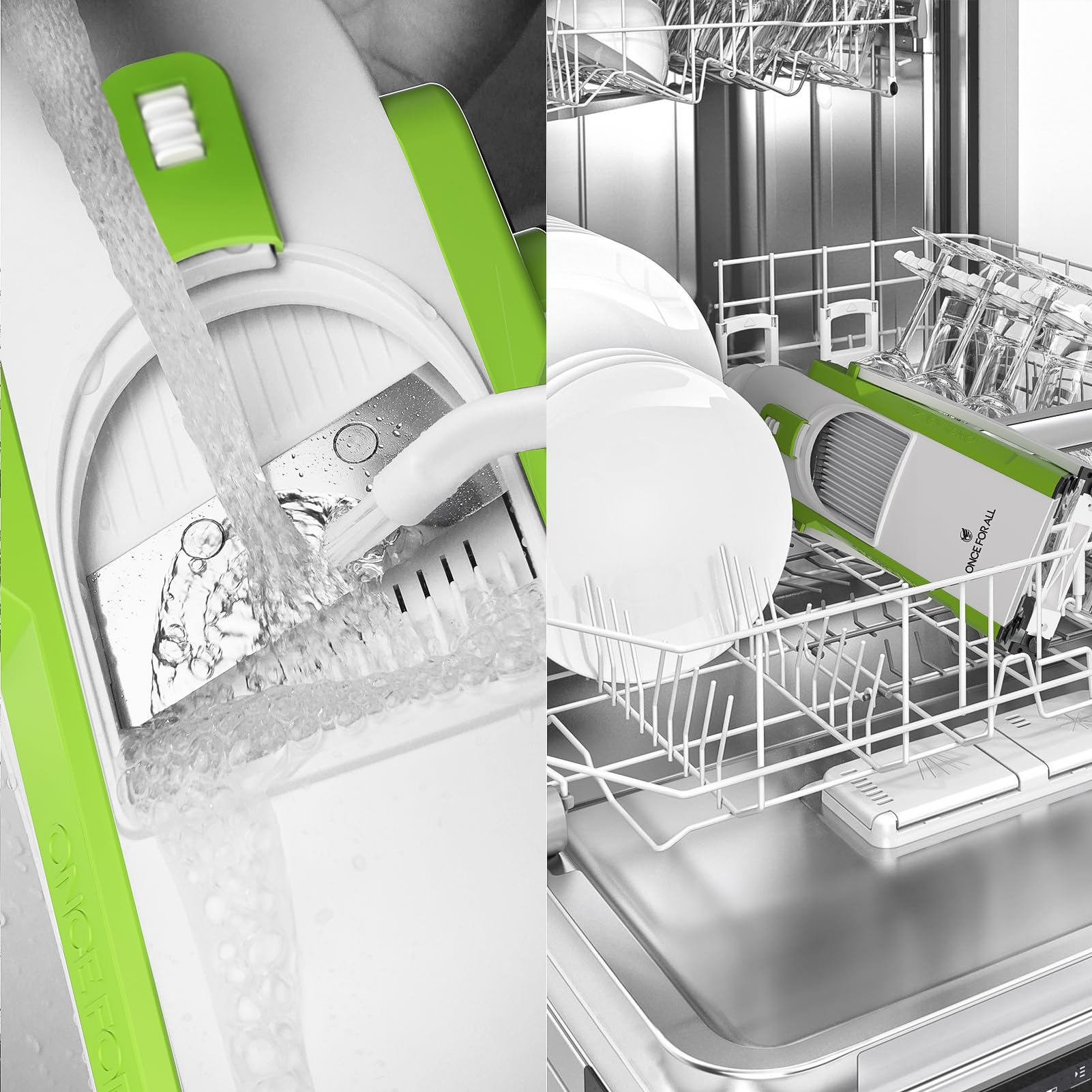 ONCE FOR ALL Stainless steel blades deliver durable, sharp slicing performance.