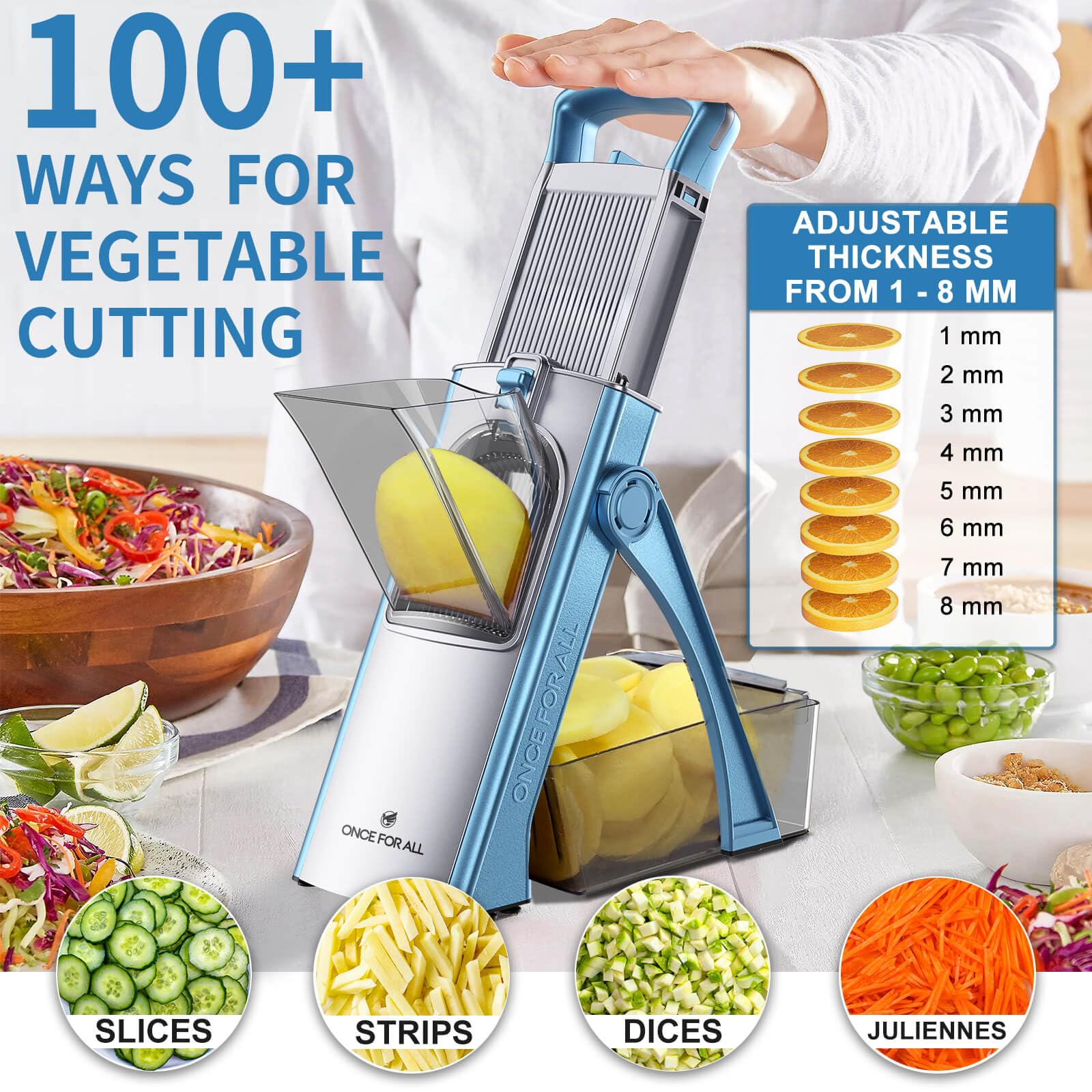 ONCE FOR ALL Upgrade Safe Mandoline Slicer Plus blades are 420 stainless for durable slicing