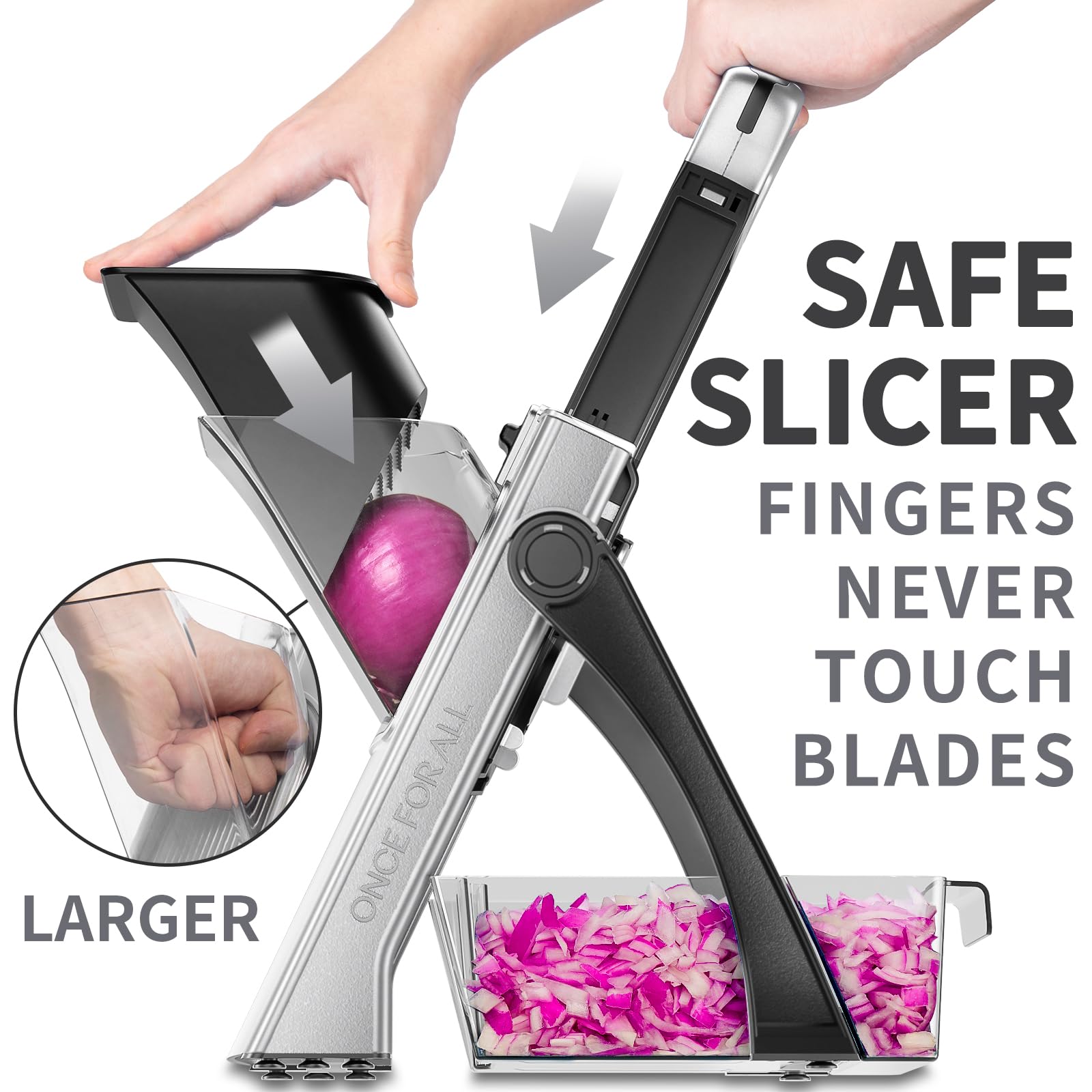 ONCE FOR ALL Upgrade Safe Mandoline Slicer Plus large capacity container enables batch prep.