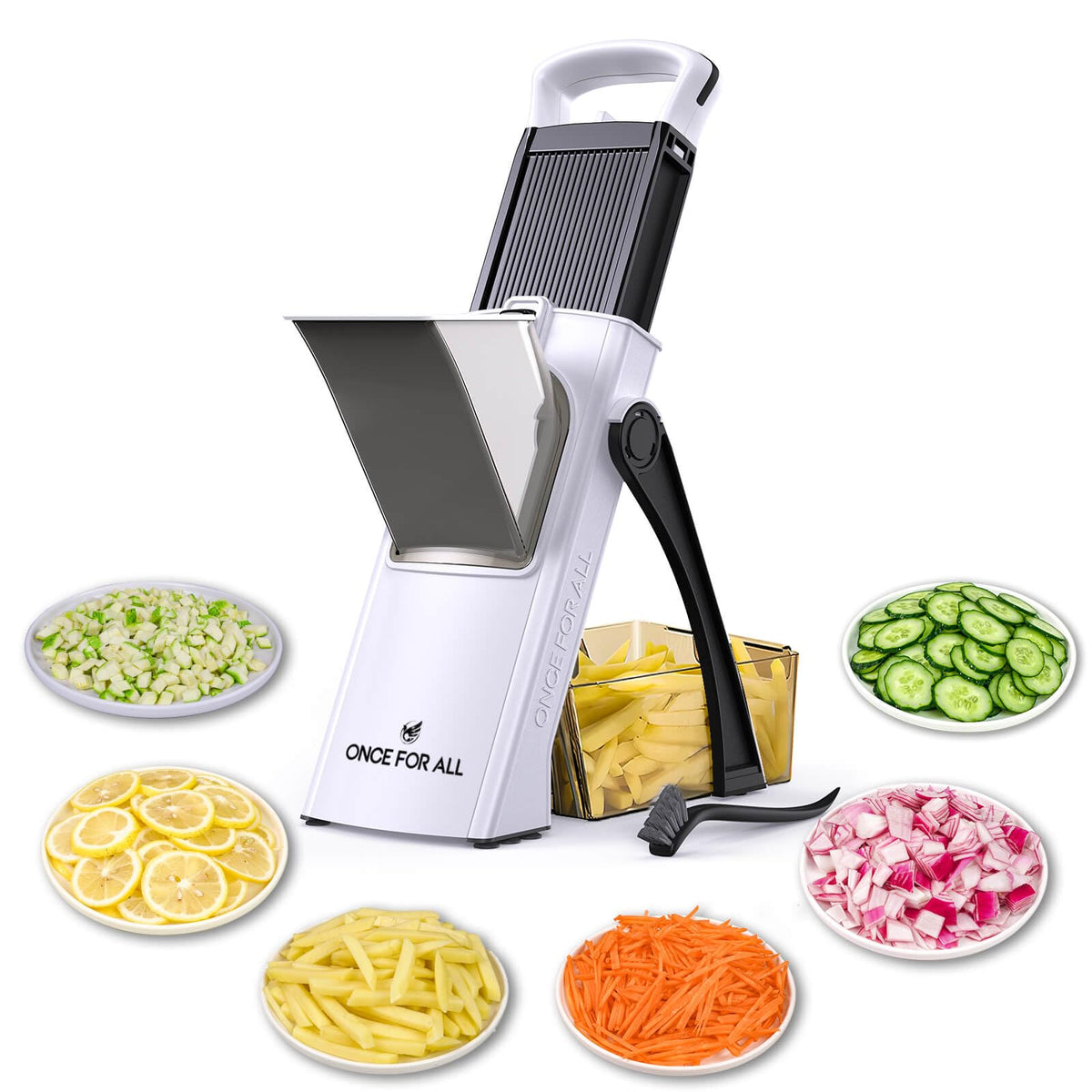 ONCE FOR ALL Upgrade Safe Mandoline Slicer Plus with safety blade for quick, uniform slicing.