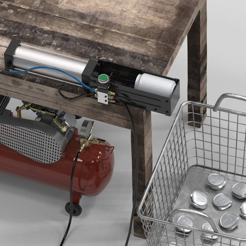 ONCUPID can crusher on a workbench demonstrates easy mounting