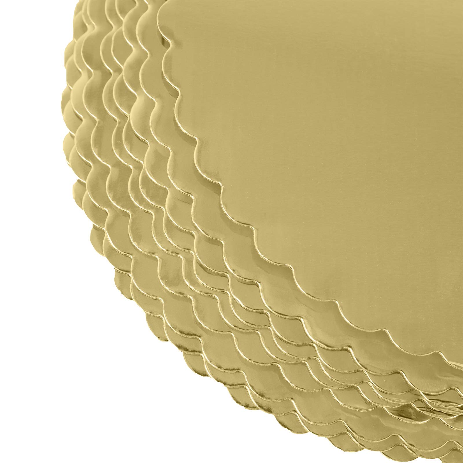 ONE MORE gold cakeboard 10-inch recyclable corrugated base supports cakes.