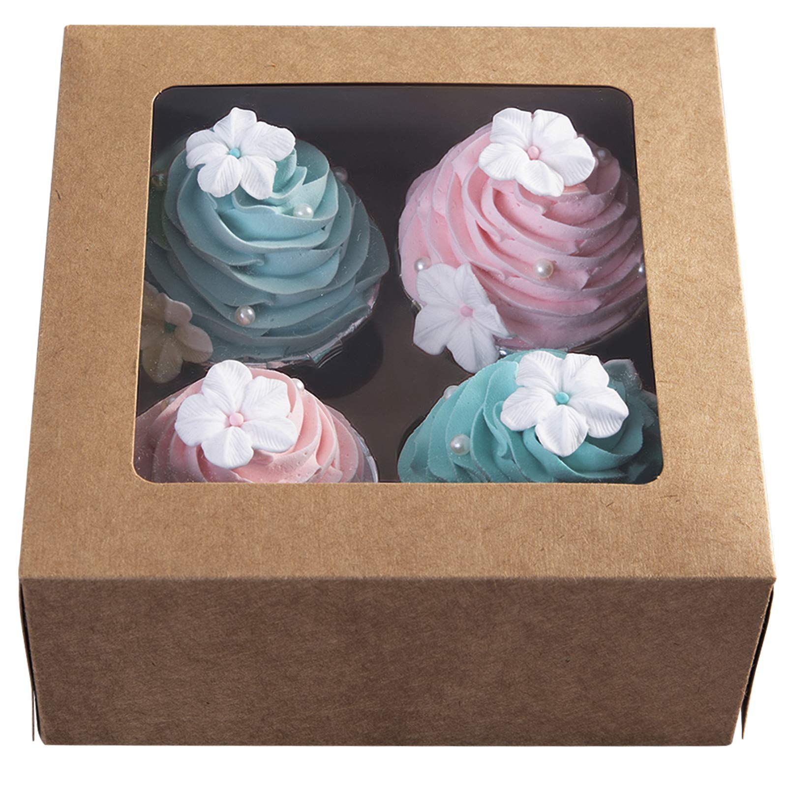 ONE MORE kraft cupcake box with clear window top showcases decorated cupcakes securely.