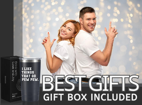 Onebttl Black Pew Pew tumbler arrives gift-ready for gun enthusiasts.
