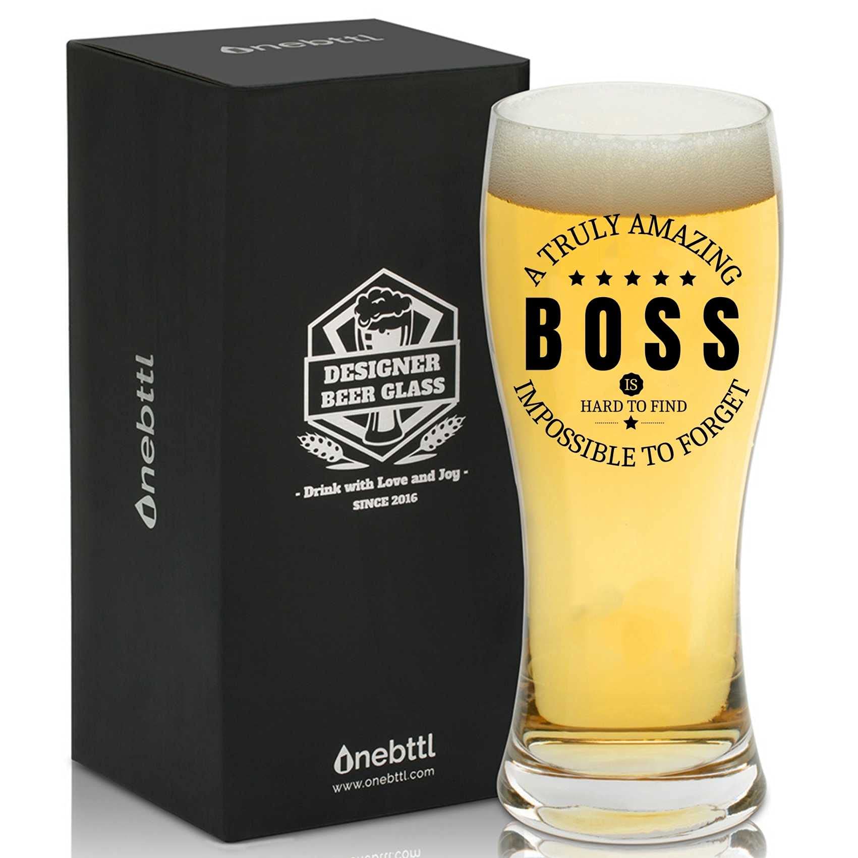 Onebttl Boss Day beer glass 15oz with bold black design for boss gifts