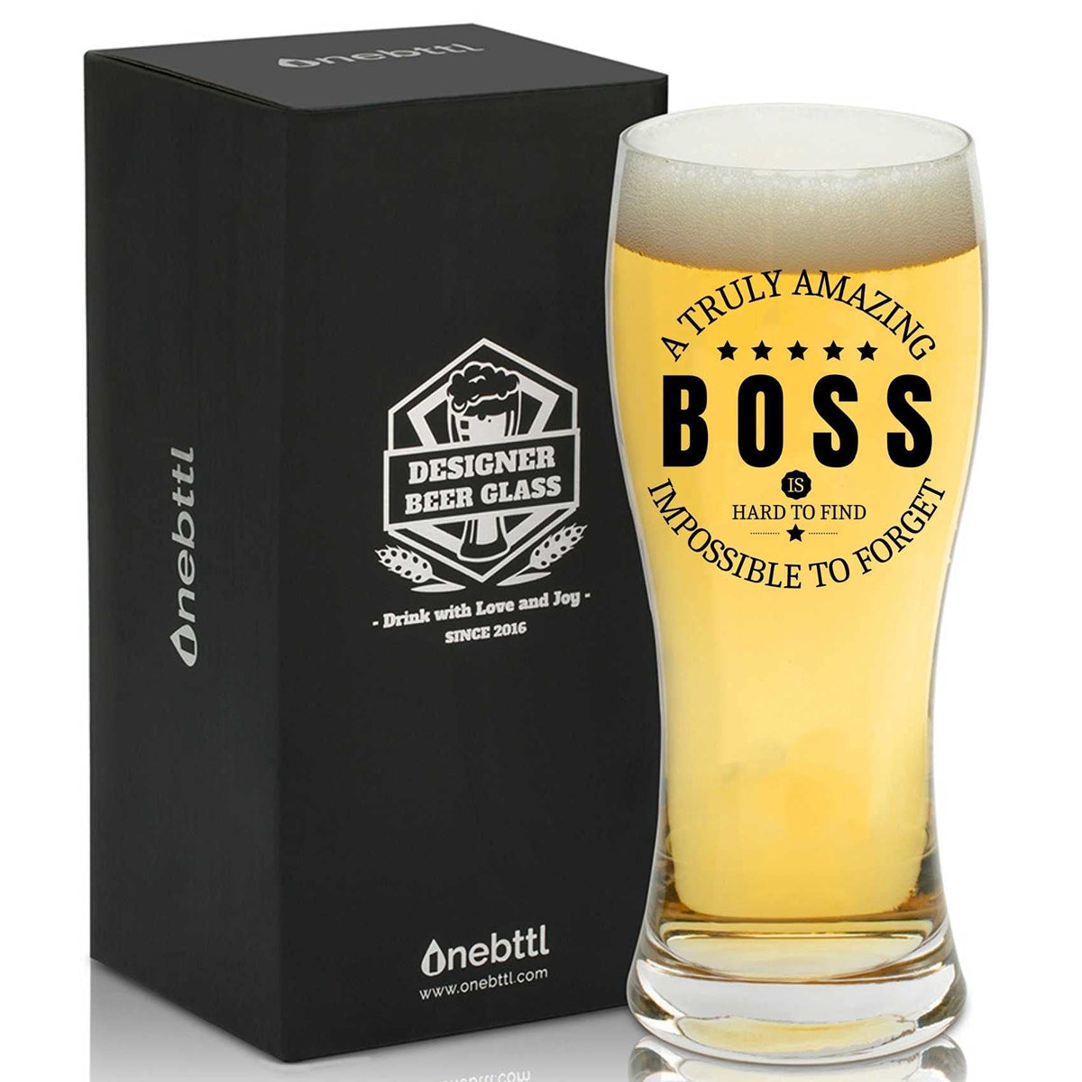 Onebttl Boss Day beer glass 15oz with bold black design for boss gifts