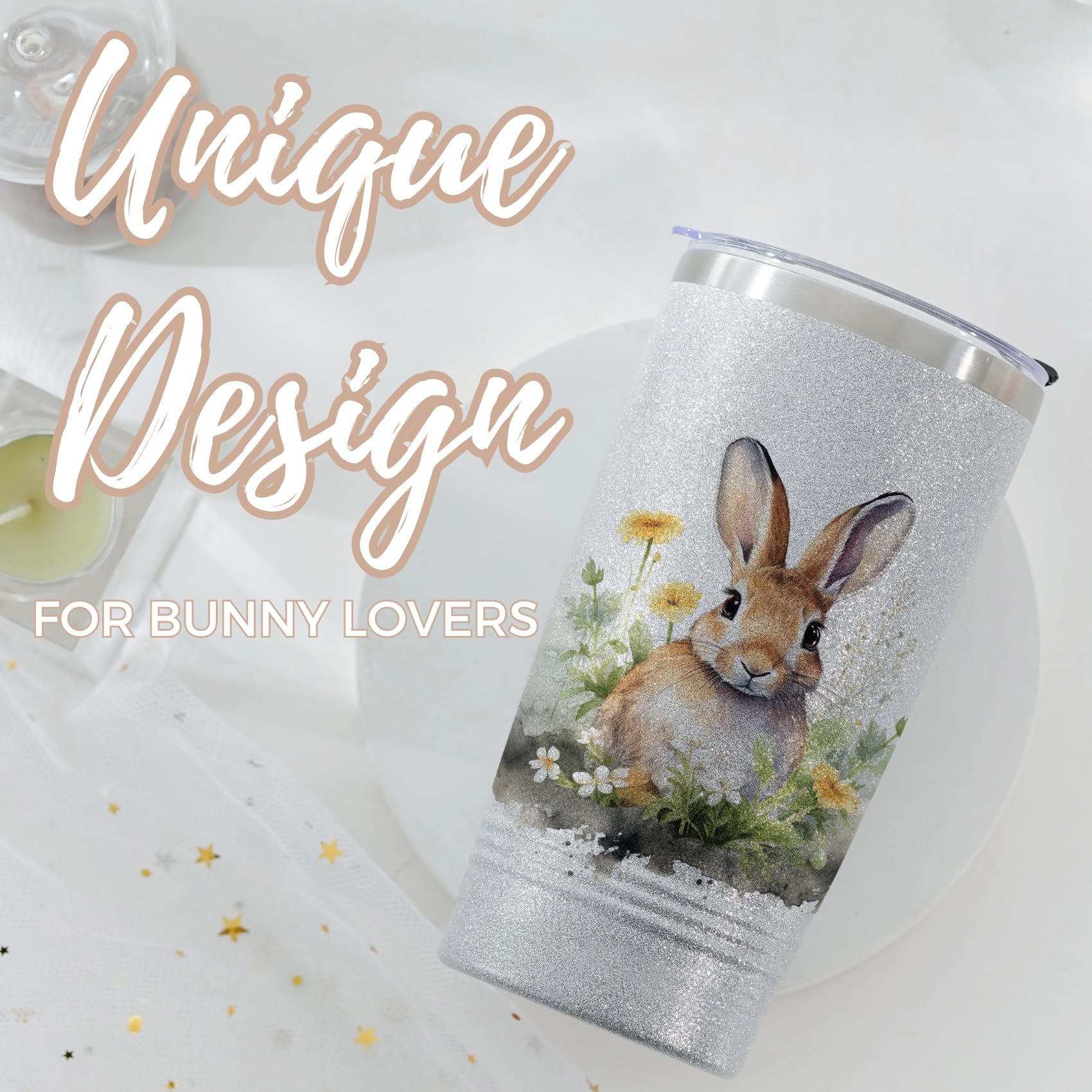 Onebttl Bunny Glitter Tumbler spill proof lid supports travel