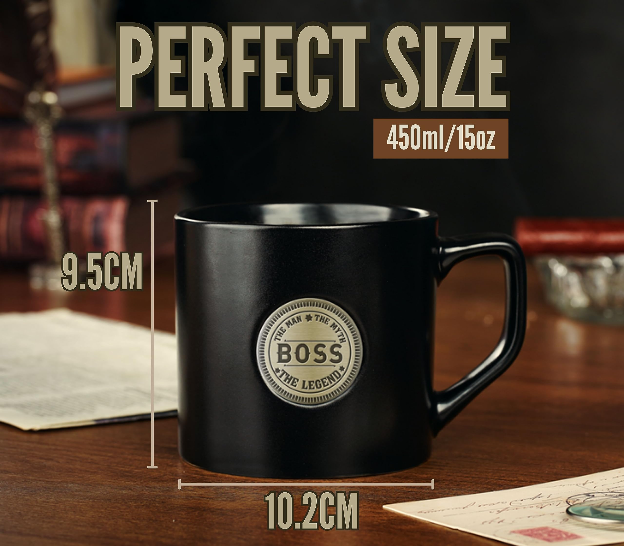 Onebttl ceramic mug close-up shows the shiny golden badge and sleek black glaze.