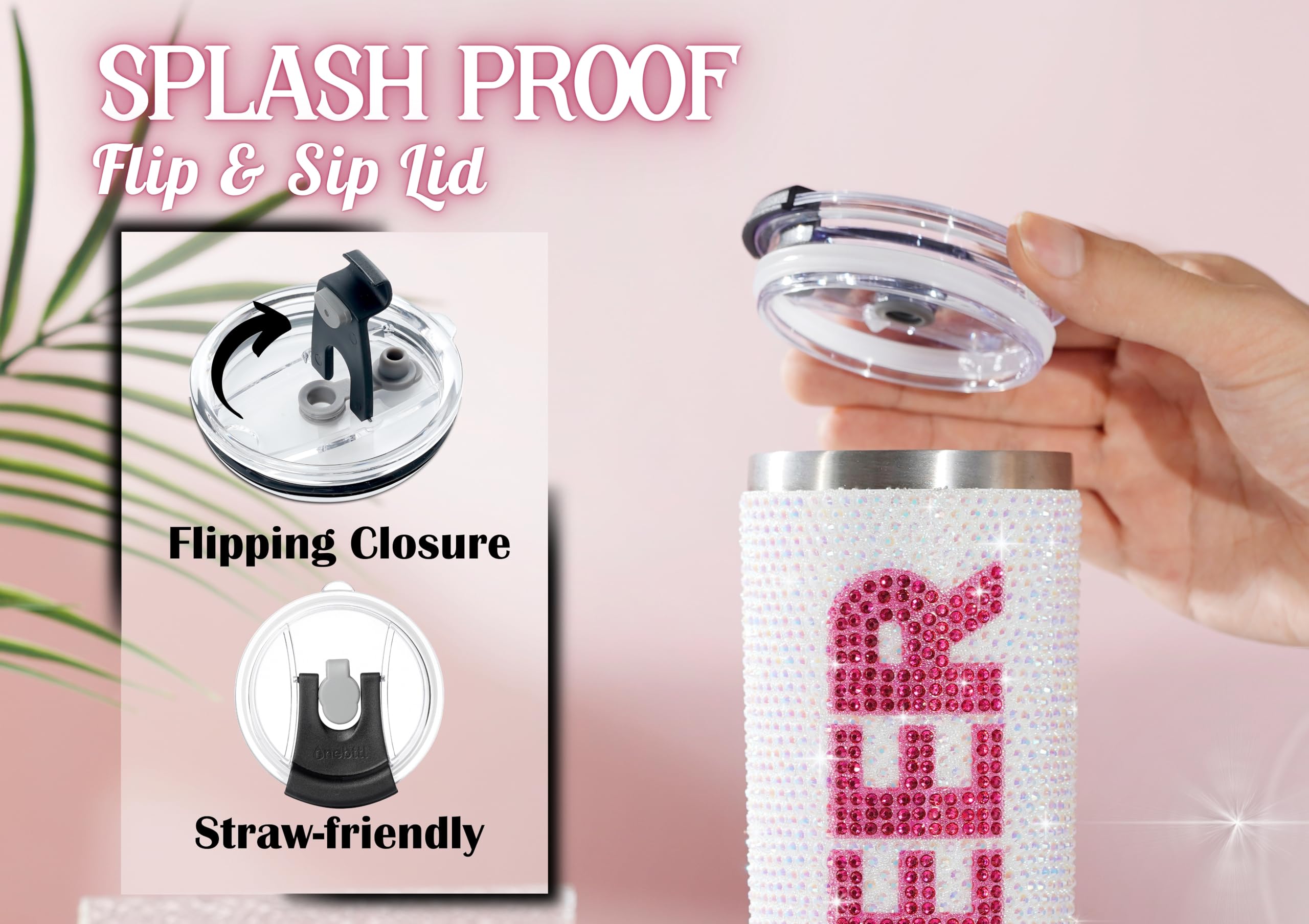 Onebttl Cheerleader Glitter Tumbler close-up shows glitter finish and premium build