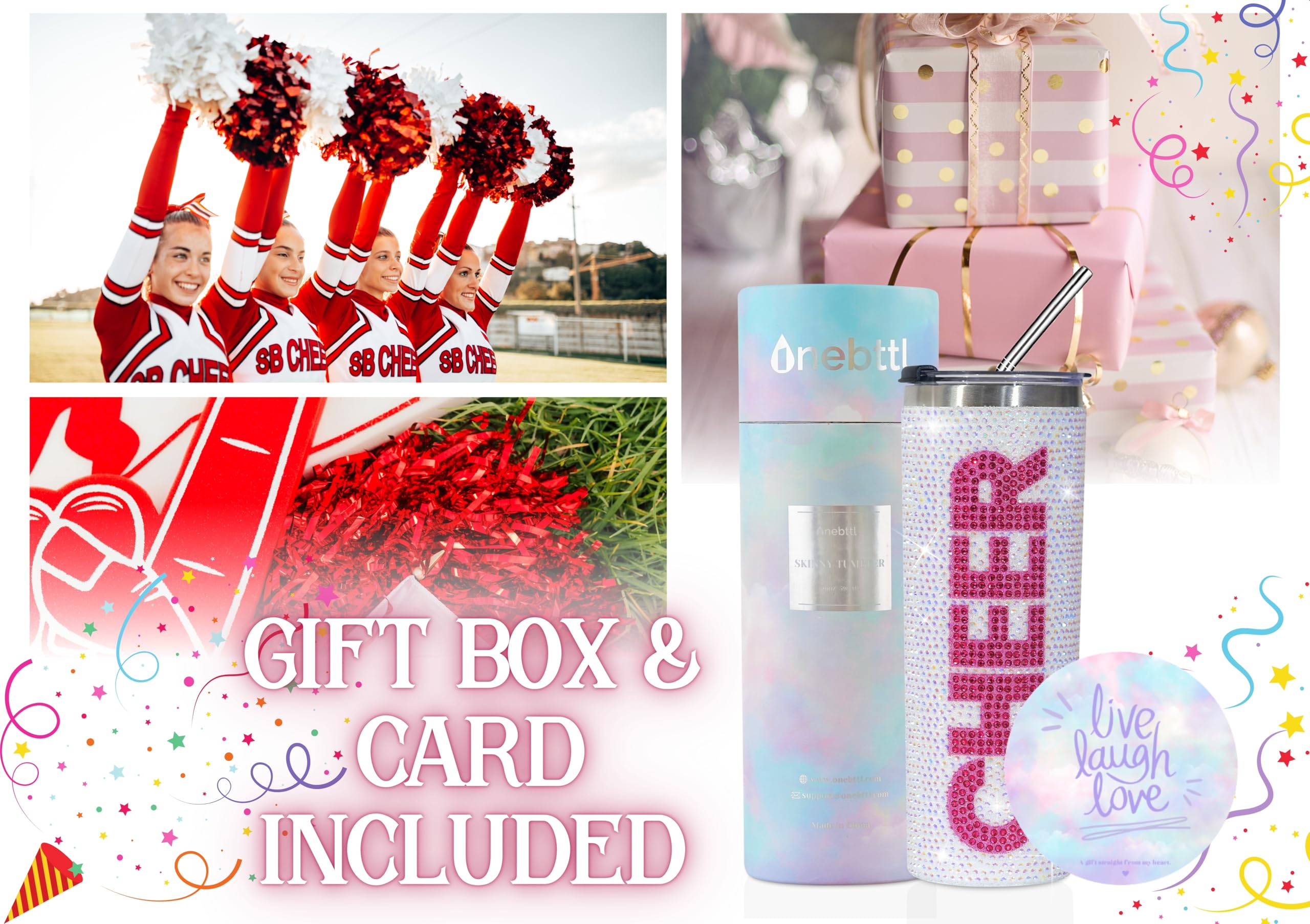 Onebttl Cheerleader Glitter Tumbler with straw brush included